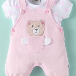 Wonderchild Teddy Bear Patch Embroidered Romper With Half Puffed Sleeves Polka Dots Printed Top - White & Pink-image-37