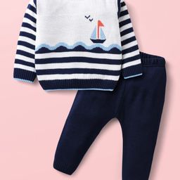 Babyhug Knit Full Sleeves Sweater Set With Stripes & Christmas Theme Design - Light Blue & White-image-30