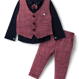 Mini Taurus Sinker Knit Full Sleeves 3 Piece Party Suit with Attached Bow with Geometric Print - Black & Mauve-image-24