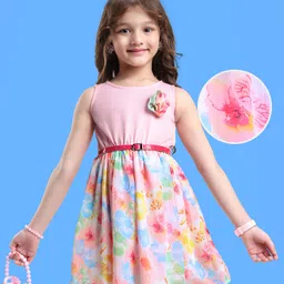 Hola Bonita Woven Sleeveless Floral Printed Dress with Belt - Pink-picture-4