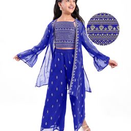 Pine Kids Three Fourth Sleeves Top & Palazzo Set with Jacket & Floral Embroidery - Royal Blue-image-55