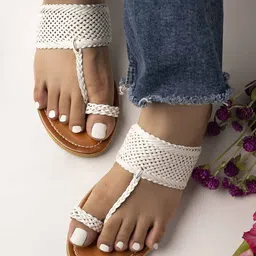 Shoetopia Cable Knit Designed Kolhapuri Sandals - White-picture-34
