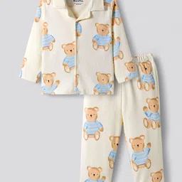 Bonfino Cotton Knit Full Sleeves Co-ords Night Suit With Bear Print - Lemon-picture-24