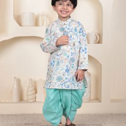 Polka Tots Cotton Woven Full Sleeves Floral Printed Kurta With Dhoti Set - Sky Blue-image-44