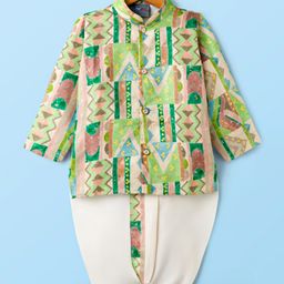 Dapper Dudes Full Sleeves Geometric Printed Kurta Dhoti Set - Green-picture-10