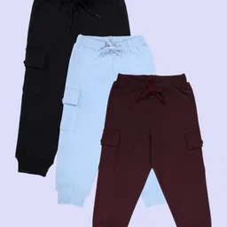 Kiddopanti Pack Of 3 Cotton Fleece Knit Solid Cargo Pocket Detailed Track Pants - Black Ink Blue & Wine-picture-7