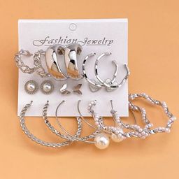 GOLDIWALA Set Of 9 Silver Plated Pearls Beaded Geometric Half Hoop Earrings-21