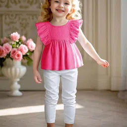 LULU & SKY Girls Pink Flutter Sleeve Smocked Empire Cotton Top-image-14