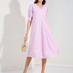 Styli Lilac Cotton Self Design Schiffli Midi Dress-image-80