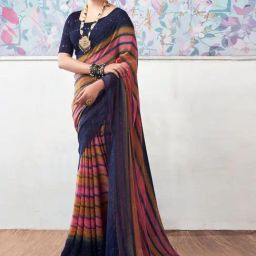 Satrani Pink & Navy Striped Saree With Unstitched Blouse-image-93