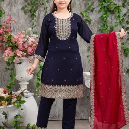 Aarika Kids Navy & Pink Embroidered Kurti, Pants with Dupatta-image-70