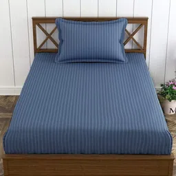 Trance Home Linen Blue Striped Pure Cotton 200 TC Single Bedsheet Set-1.98 m x 91 cm-image-97