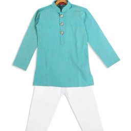 VASTRAMAY SISHU Cyan Blue & White Cotton Self Kurta Set-image-90