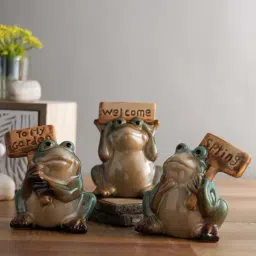 Tayhaa Brown & Green Ceramic Frog Showpiece - Set of 3-image-63