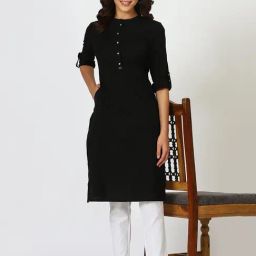 W Black Cotton Blend Solid Kurtas-image-28