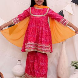 Ka-mee Girls Floral Printed Regular Thread Work Pure Cotton Kurta with Sharara & With Dupatta-picture-3