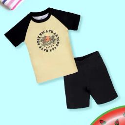 Kiddopanti Boys Light Yellow and Black Printed Regular Fit Swimming Set-image-16