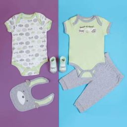 Baby Moo Kids Green & Grey Cotton Printed Bodysuit Set-70