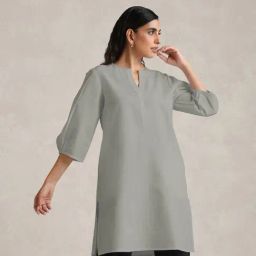 TrueBrowns Grey Solid Round Neck Kurta-46
