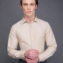 Daniel Hechter Beige Cotton Blend Slim Fit Stripes Formal Shirt-image-78
