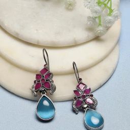 Biba Blue Pink Brass Drop & Danglers Earrings-image-5