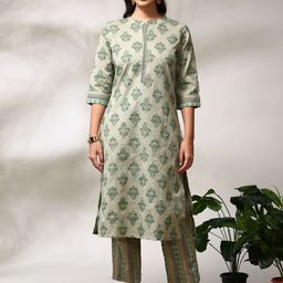 Anouk Olive Ethnic Motifs Printed Band Collar Pure Cotton Straight Kurta With Trouser-picture-3