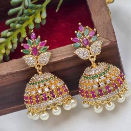 FIRST TOUCH Gold Plated AD Studded Dome Shaped Jhumkas Earrings-11