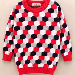 Simply Full Sleeves Knit Sweater Hexagonal Design- Red-image-93