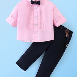 Babyhug 100% Cotton Full Sleeves Party Wear Shirt & Trouser Set With Suspenders & Bow- Pink & Navy-image-82