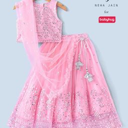 Babyhug Sleeveless Sequenced Embroidered Choli Lehenga and Dupatta Set - Pink-image-53
