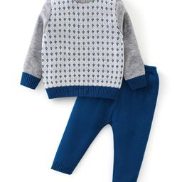 Babyhug Knitted Full Sleeves Sweater Set with Design - Grey & Blue-picture-34