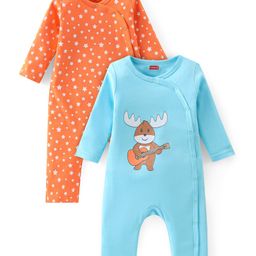 Babyhug 100% Cotton Interlock Knit Full Sleeves Romper Reindeer Print Pack of 2 - Blue & Orange-image-23