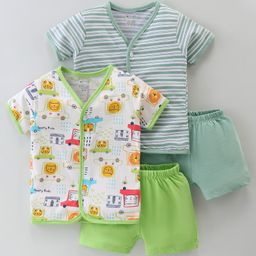 OHMS Cotton Single Jersey Knit Half Sleeves Night Suit Stripes & Tiger Print Pack Of 2 - Green & White-image-99
