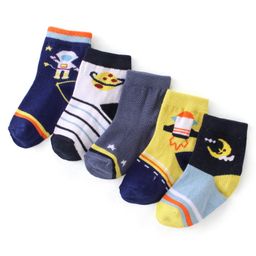 Cutewalk by Babyhug Anti-Bacterial Cotton Rich Non-terry Ankle Length Socks Space Design Pack of 5 - Multicolour-image-88