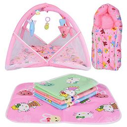 Kwitchy New Born Baby Sleeping Essential Combo of Mattress with Net Sleeping Bag Nappy Changing Mats Set - Pink-15
