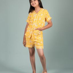 tweeny mini Rayon Knit Half Sleeves Floral Printed Coordinating Shirt & Shorts Set - Yellow-image-19
