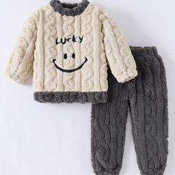 Kookie Kids Full Sleeves Winter Night Suit with Text Embroidery - Beige-image-84
