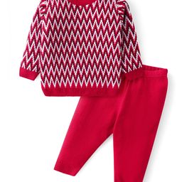 Babyhug Knitted Full Sleeves Sweater Set with Chevron Design - Red-image-42