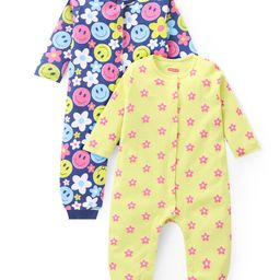 Babyhug 100% Cotton Full Sleeves Romper Floral Print Pack of 2- Yellow & Blue-image-92