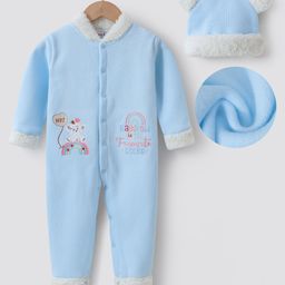 Kookie Kids Full Sleeves Winter Wear Romper With Elephant Embroidery & Cap - Sky Blue-image-78