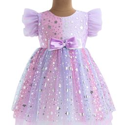 Babyhug Woven Frill Sleeves Fit & Flared Party Frock with Foil Stars Print & Bow Applique - Lilac-image-25
