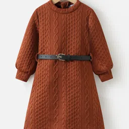 Kookie Kids Full Sleeves Solid Colour Party Frock With Embossed Design - Brown-picture-28