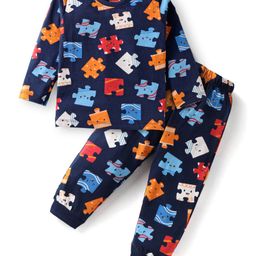 Babyhug Cotton Knit Full Sleeves Night Suit with Jigsaw Puzzle Print - Navy Blue-image-8