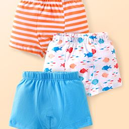 Babyhug Single Jersey Knit Trunks With Fish Print Pack of 3 - Blue White & Orange-picture-23