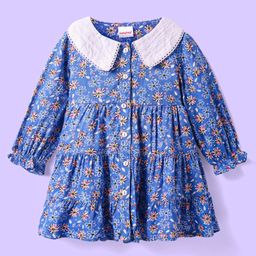 Babyhug Cotton Woven Full Sleeves Peter Pan Collard Front Open Frock with Floral Print- Blue-image-57