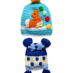 MayRa Knits Pack Of 2 Hand Knitted Polka Dots & Squirrel Crochet Designed Caps - Blue-picture-44