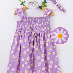 Kookie Kids Woven Singlet Sleeves Smocking Detailed Frock With Headband & Floral Print - Lavender-picture-10