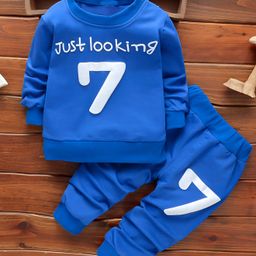 Googo Gaaga Cotton Full Sleeves 7 Numerical Printed Tee & Trousers Set - Blue-image-78