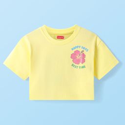 Babyhug Cotton Knit Half Sleeves Drop Shoulder T-Shirt With Floral & Text Print - Yellow-image-34