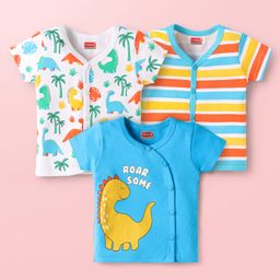 Babyhug 100% Cotton Interlock Knit Front Open Half Sleeves Vests With Striped & Dino Print Pack Of 3 - Light Blue & White-image-54